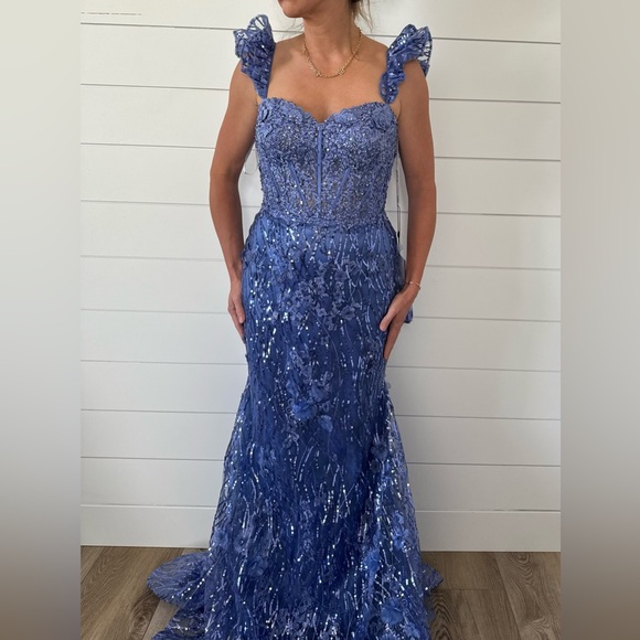 Periwinkle Sherri Hill Ruffle Sleeve Sequin Lace Dress - Picture 3 of 17